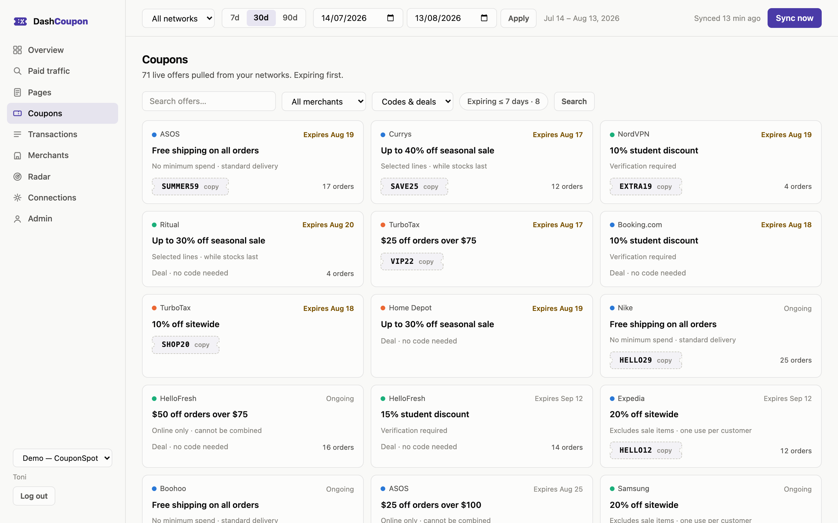 Live coupons pulled from all networks, sorted by soonest to expire