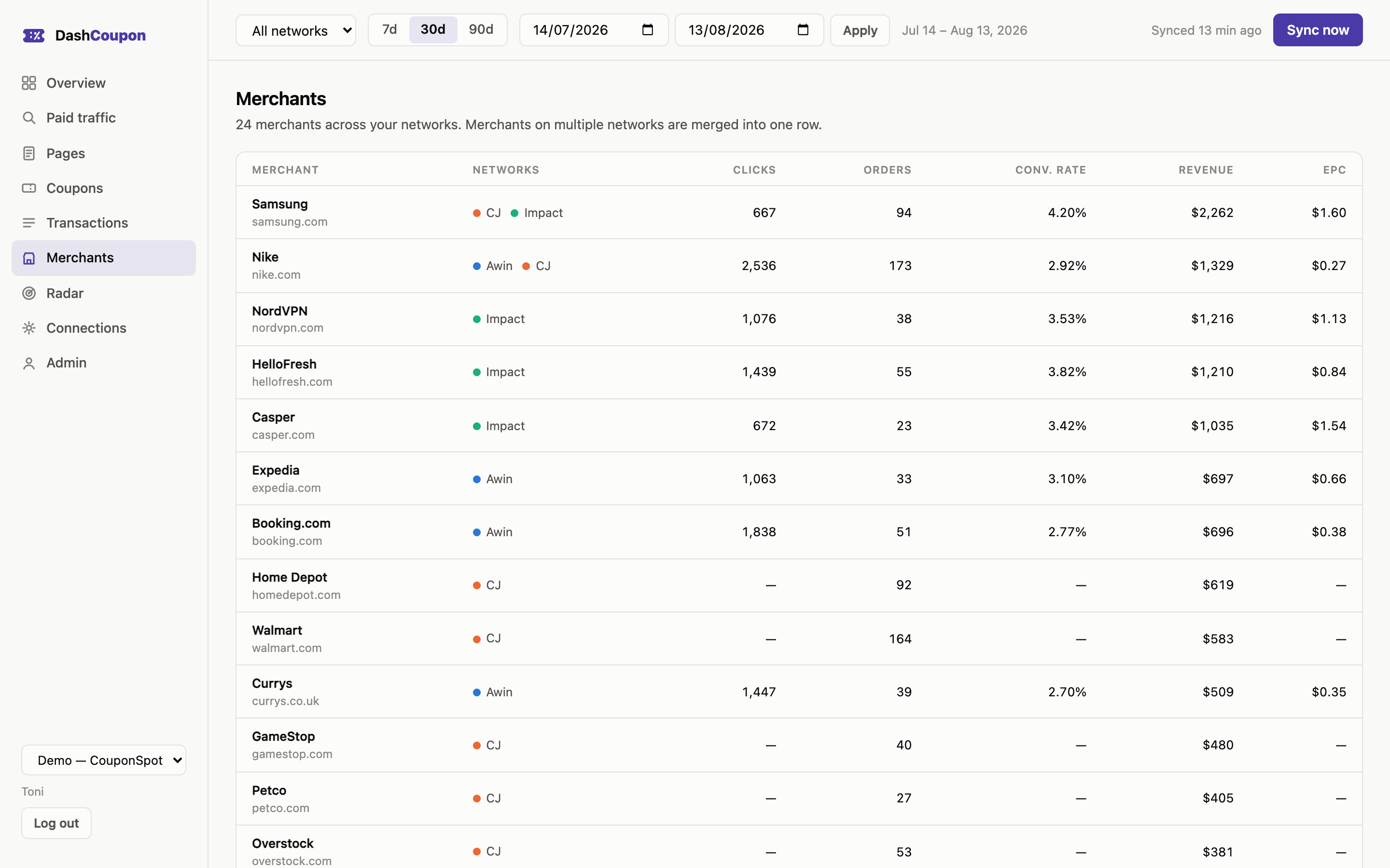 Merchants view: every merchant across networks, with multi-network merchants merged into one row