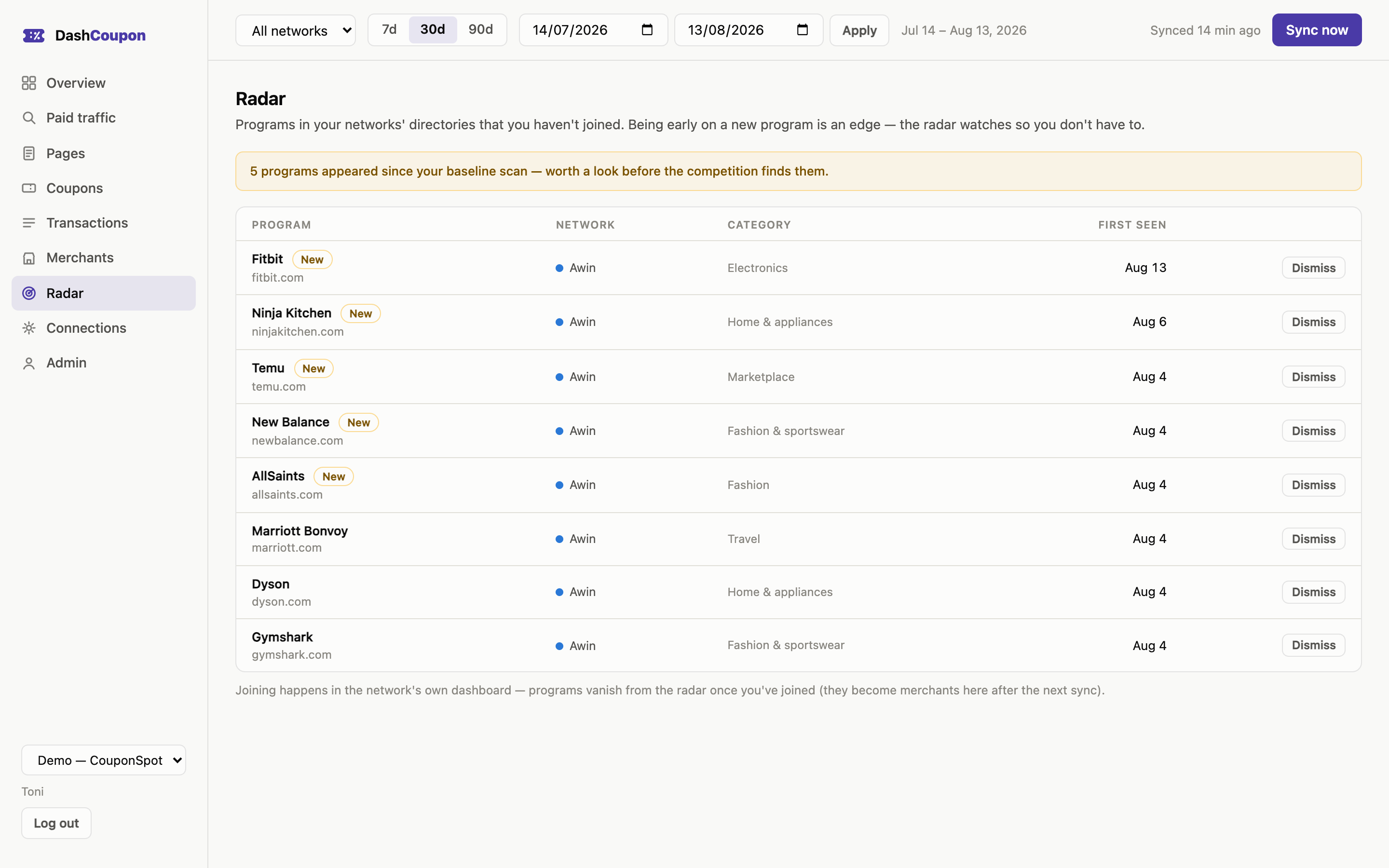 Program radar: new merchant programs appearing in your networks' directories that you haven't joined yet