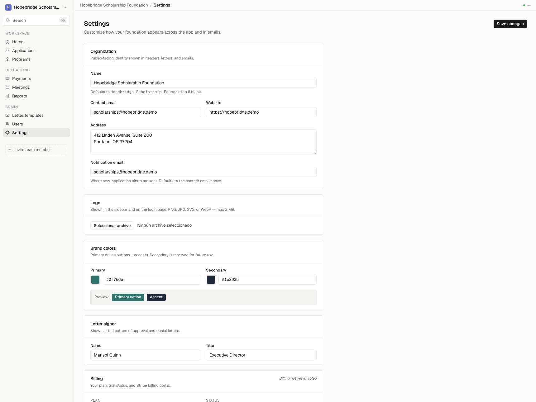 Foundation branding settings — organization identity, logo, brand colors, and letter signer for a white-labeled workspace
